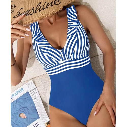 Stripe Ruffle Backless High Waist One Piece Swimsuit TL2378