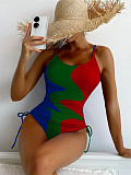 Color Block Print Drawstring One Piece Swimsuit M2381