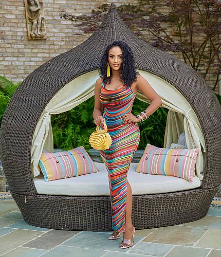 Stripe Print Backless Lace Up Maxi Dresses BGN-297