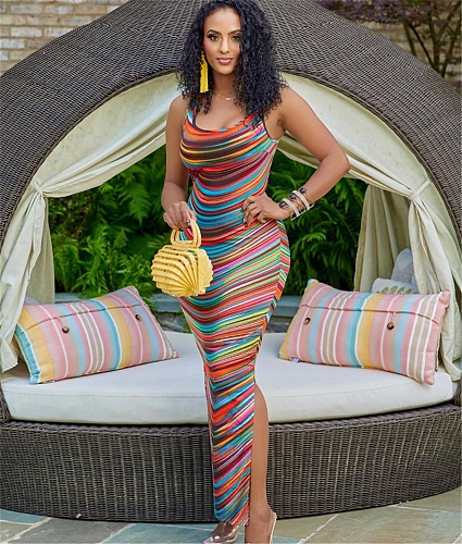 Stripe Print Backless Lace Up Maxi Dresses BGN-297