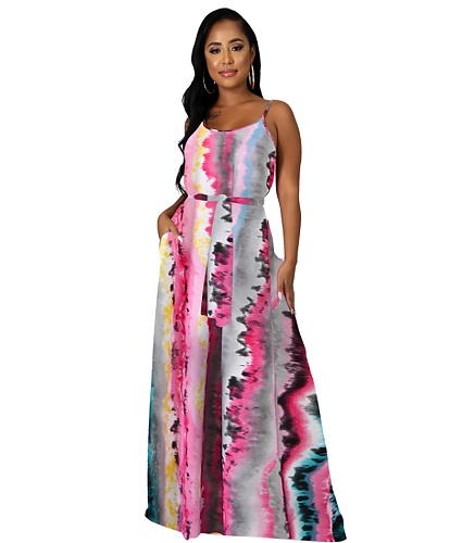 Stripe Print Loose Spaghetti Strap Maxi Dresses XMY-9432