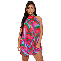 Printing Sleeveless Loose Pleated Mini Dresses YF-10537