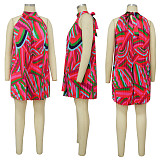 Printing Sleeveless Loose Pleated Mini Dresses YF-10537