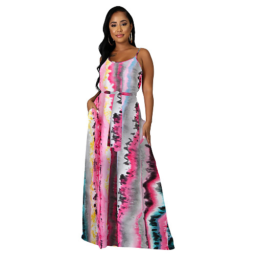 Stripe Print Loose Spaghetti Strap Maxi Dresses XMY-9432