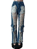 Ripped Holes High Waist Straight Leg Jean Pants MEM-88493