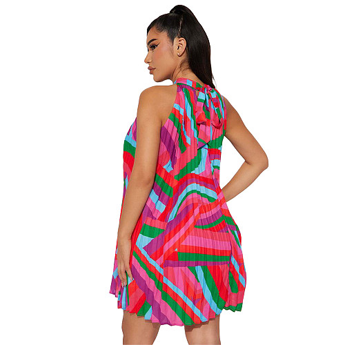 Printing Sleeveless Loose Pleated Mini Dresses YF-10537