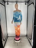 Tie Dye Print Off Shoulder Ruched Maxi Dresses ZAND-31283