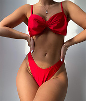 Solid Color Bow Bikini High Waist Split Swimsuit XL2230