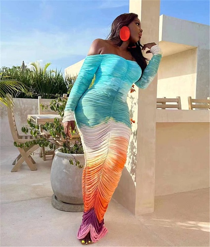 Tie Dye Print Off Shoulder Ruched Maxi Dresses ZAND-31283