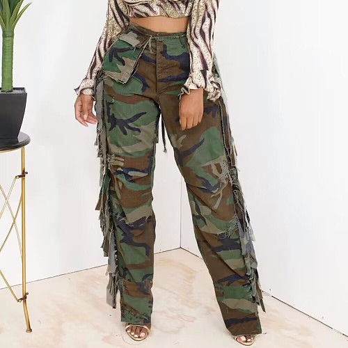 Camo Tassel Large Pocket Button Cotton Pants LSD-83246