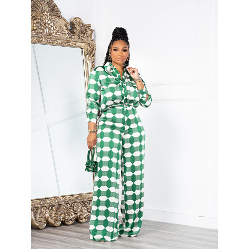 Geometric Print Long Sleeve Shirt Wide Leg Pants Set DD-88215