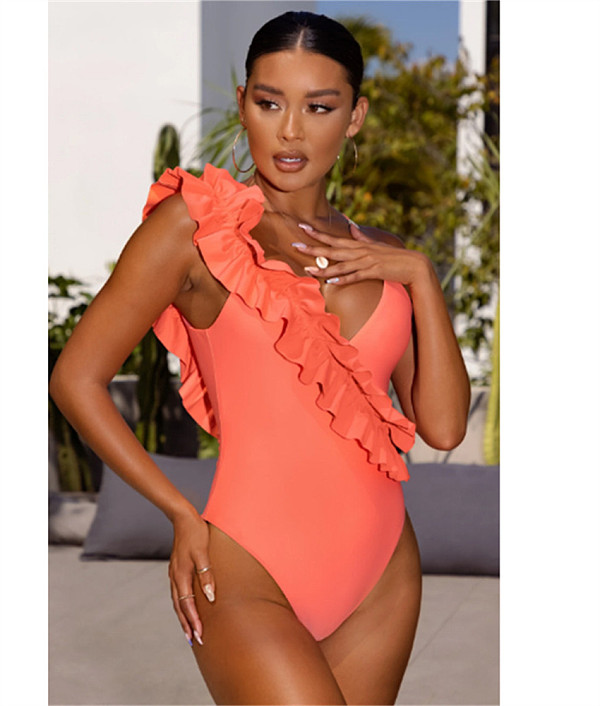 Solid Ruffle High Waist One Piece Swimming Suit XL2188