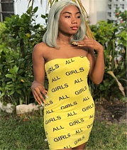 Letter Print Strapless High Waist Short Dresses QZX-6282