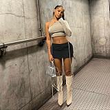 Casual Solid Color Drawstring Ruched Cargo Skirts ASL-6670