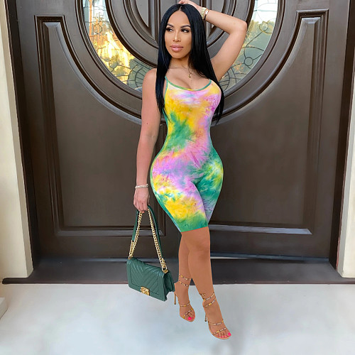 Tie Dye Print Spaghetti Strap Bodycon Rompers JH-337