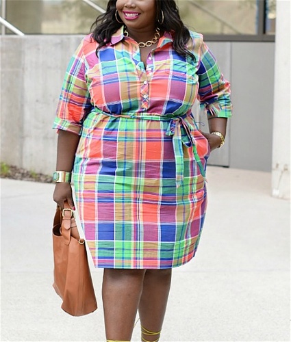 Plaid Print Turn Down Collar Plus Size Shirt Dresses TB-5706