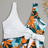 High Waist Patchwork Lace Up One Piece Bathing Suit L2317