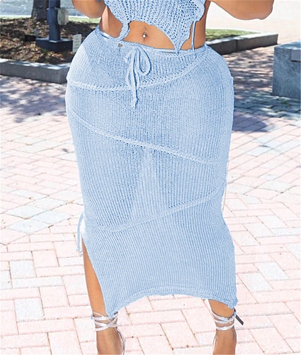 Solid Color Knitting Lace Up Slit Maxi Long Skirts XT-8173