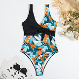 High Waist Patchwork Lace Up One Piece Bathing Suit L2317