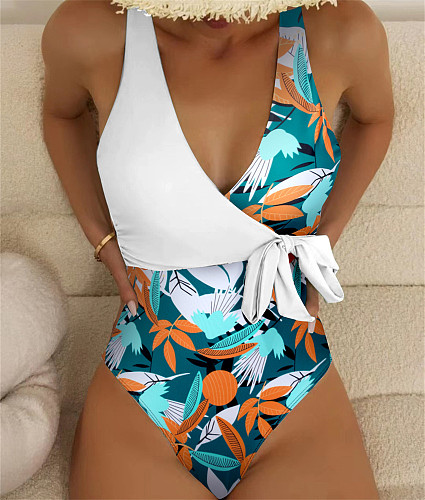 High Waist Patchwork Lace Up One Piece Bathing Suit L2317