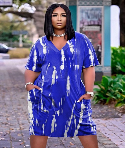 XL-5XL Tie Dye Print V Neck Short Sleeve Loose Dress TB-5660