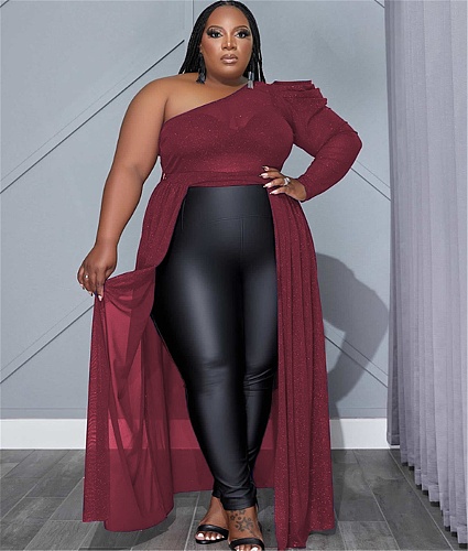 Mesh See Through One Shoulder Plus Size Dresses RS-9105