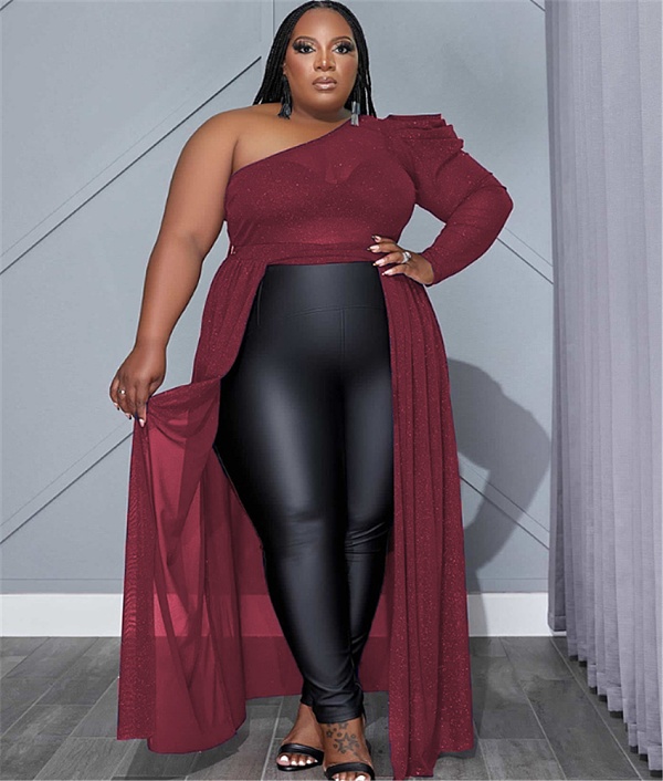 Mesh See Through One Shoulder Plus Size Dresses RS-9105