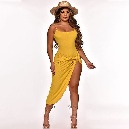 Solid Color High Slit Spaghetti Strap Ruched Dresses YF-9883