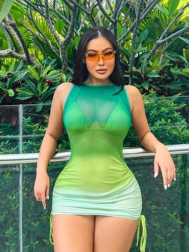 Mesh Gradient Print Drawstring Dress 3 Piece Bikini Suit L2308