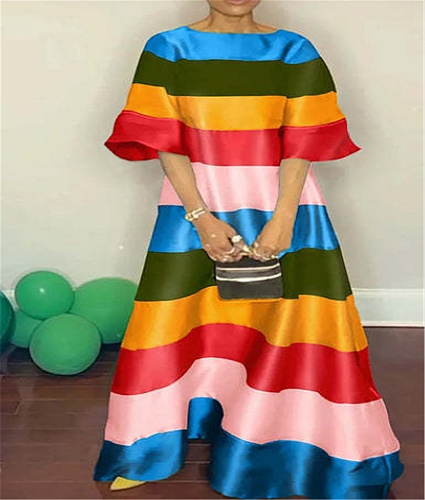 Rainbow Stripe Short Sleeve Loose Maxi Dress ZAND-31288
