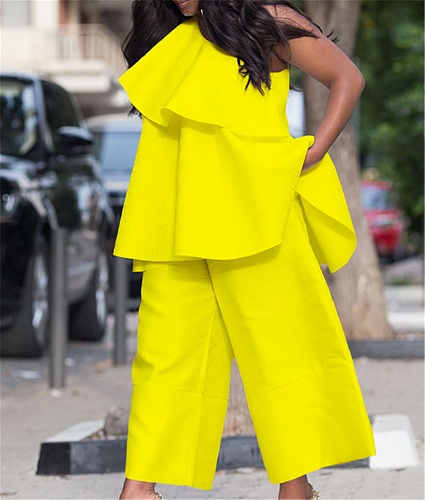 Loose Ruffle Sleeveless Tops Wide Leg Pants Set RS-8537