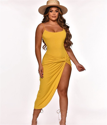 Solid Color High Slit Spaghetti Strap Ruched Dresses YF-9883