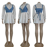 Chic Denim Lace Up Bra+Loose Shirt Dresses Set CY-7159