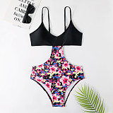 Floral Print Patchwork Hollow Out One Piece Bathing Suit TL2201