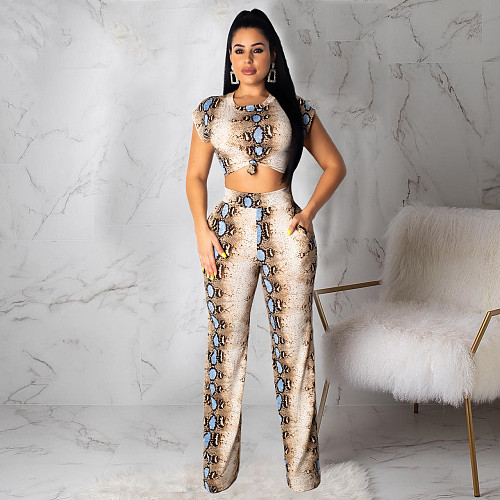Serpentine Print Short Sleeve Two Piece Pants Set CHY-1365