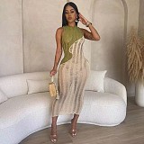 Color Matching Sleeveless Knitted Maxi Dresses TK-6295