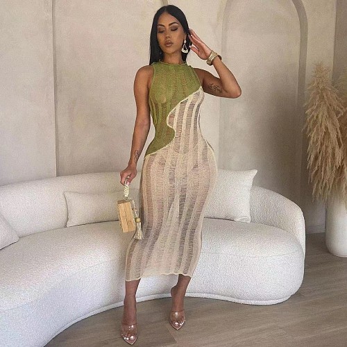 Color Matching Sleeveless Knitted Maxi Dresses TK-6295