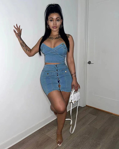 Denim Strapless Crop Top Mini Skirts Two Piece Set TR-1267
