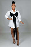 Long Sleeve Turn Down Collar Bow Tie Shirt Dresses XMY-9437