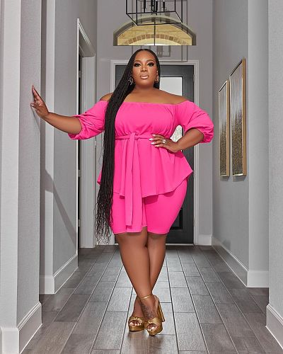Plus Size Slash Neck Lace Up Two Piece Shorts Set NK-8627