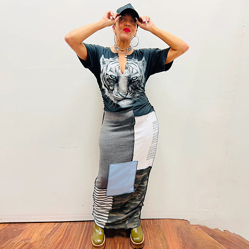 Patchwork Print Hipster Short Sleeve Maxi Dresses YNS-2608