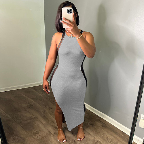 Sheer Mesh Patchwork Sleeveless Side Slit Dresses GLS-10130