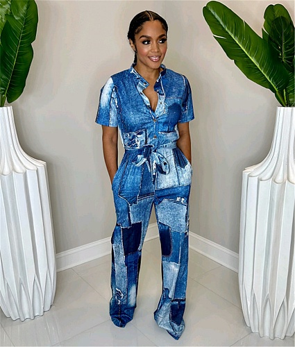 Short Sleeve Print High Waist One Piece Jumpsuit TB-5719