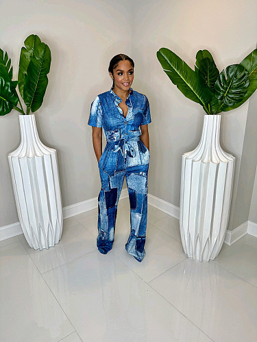 Short Sleeve Print High Waist One Piece Jumpsuit TB-5719