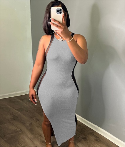 Sheer Mesh Patchwork Sleeveless Side Slit Dresses GLS-10130