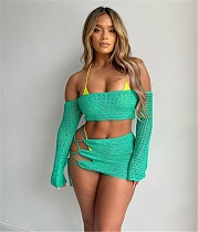 Off Shoulder Hollow Out Knitted Two Piece Skirt Sets XT-8183