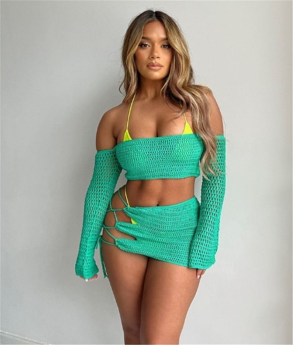 Off Shoulder Hollow Out Knitted Two Piece Skirt Sets XT-8183