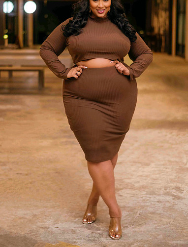 Plus Size Long Sleeve T-Shirt Midi Skirt 2 Piece Sets TB-5720