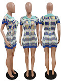 Stripe Polo Neck Short Sleeve Knitted Dresses DY-6900