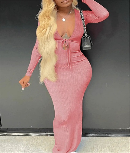 XS Low Cut Deep V Long Sleeve Bodycon Maxi Dress RS-0001